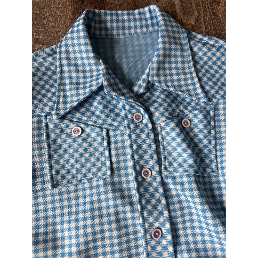 Vintage 70s Houndstooth Knit Shirt Blue Disco Wing Collar Womens M/L - Picture 8 of 10
